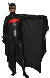 3D Muscle B-guy Costume | Black and Red Shiny Metallic Zentai Suit with Cape
