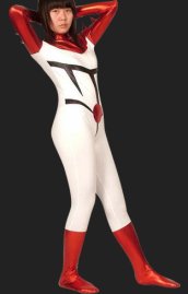 Red and White Lycra and Shiny Metallic Catsuit