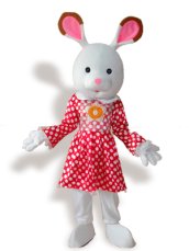 White Cute Bunny in Red Dots Dress Mascot Costume