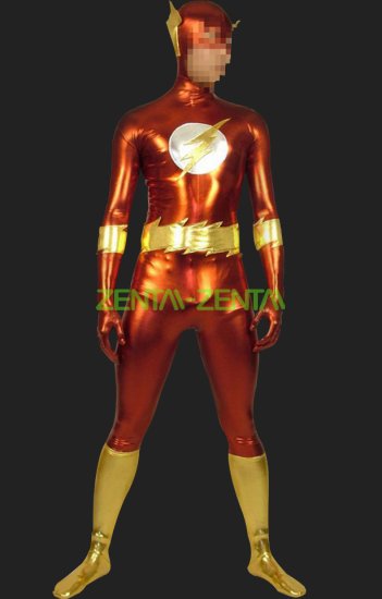 Flash! Red and Gold Shiny Metallic Suer Hero Unisex Zentai Suit