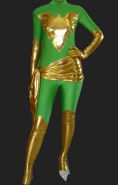 Gold and Green Lycra and Shiny Metallic Super Hero Catsuit