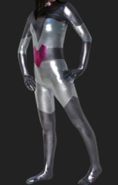 Heart Super Hero Costume | Silver and Fuchsia Shiny Metallic Catsuits
