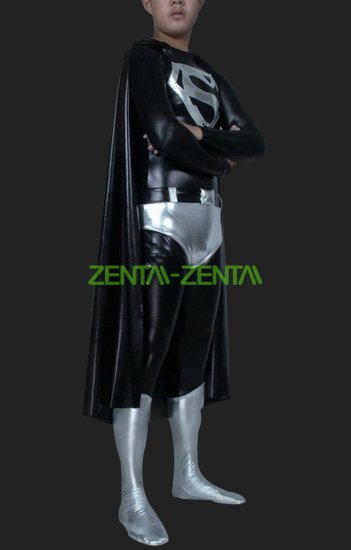Superman! Black and Silver Super Hero Shiny Metalic Zentai (No H